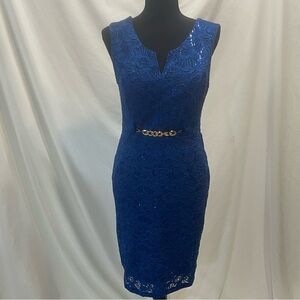 Blue cocktail lace overlay sequin Women’s dress. Gold accent. No tag. Pre-owned.